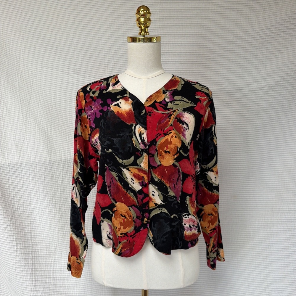 Vintage 90s Rayon Blouse Jacket Abstract Floral Print Lightweight Top Blazer M